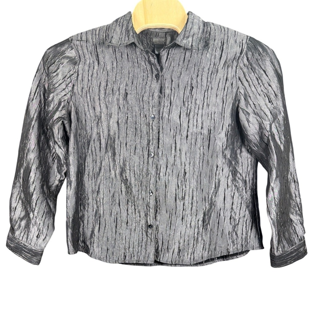 Additions by Chicos Womens Sz 3 Charcoal Grey Metallic Crinkle Button Down Shirt